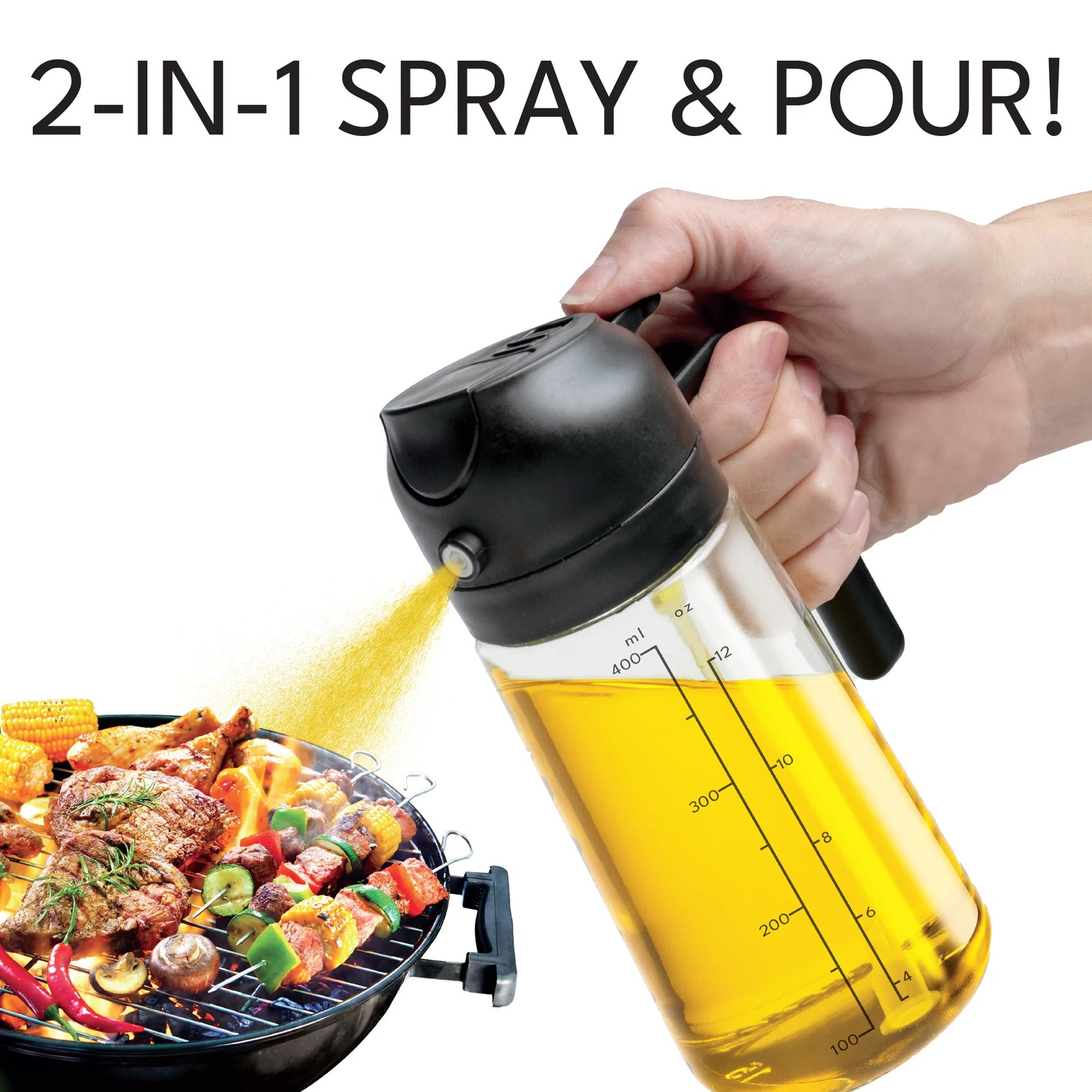 2-In-1 Oil Spray & Pour Dispenser, Leakproof and Refillable Glass Bottle for Coo
