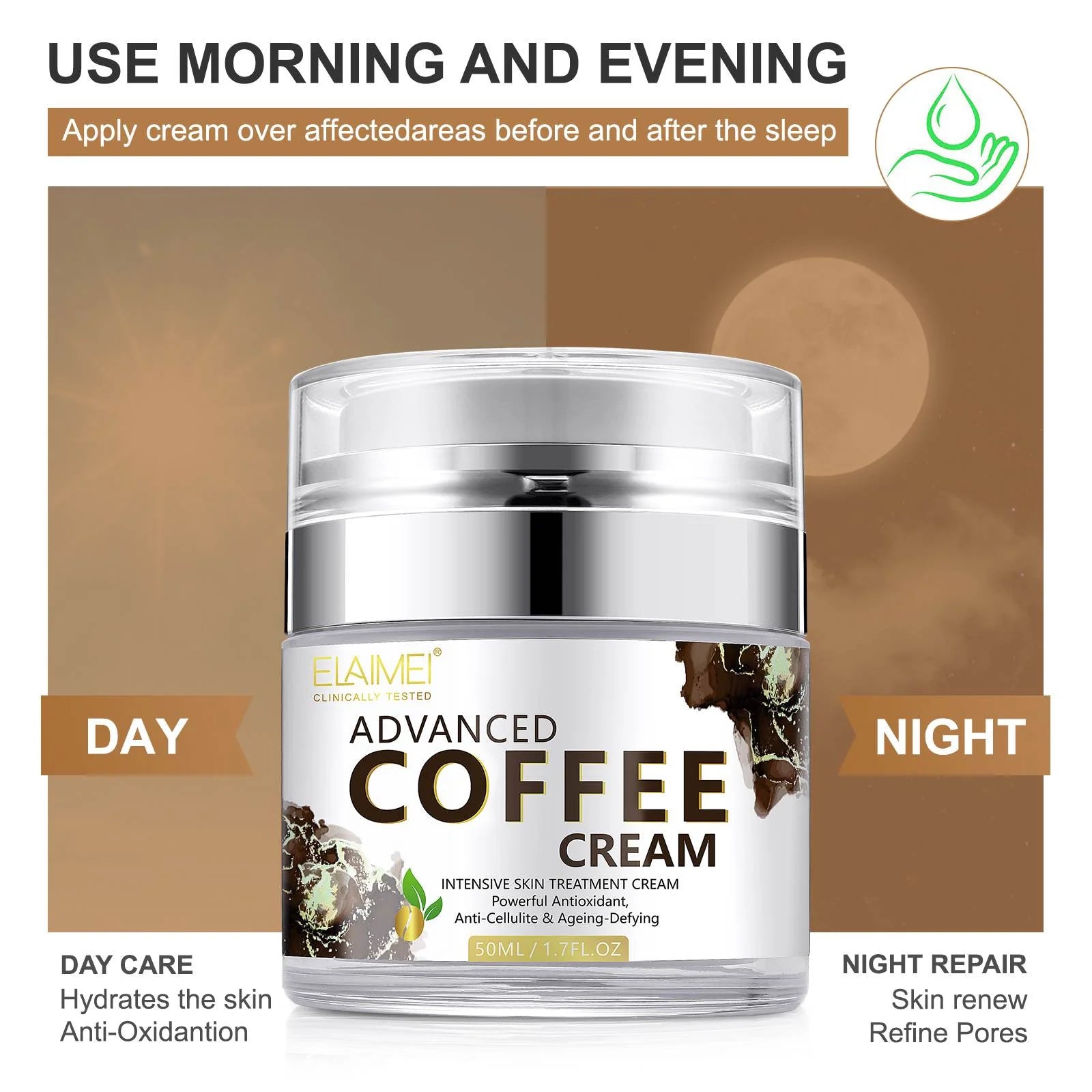 Advanced Coffee Cream for Face, anti Aging Moisturizer for Reducing Wrinkles, Firm, Tighten, Even Skin Tone, Day & Night Cream for Women and Men, 1.7 Fl.Oz