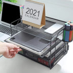 4-Tier Desk Organizer with Drawer – Multi-Functional Desktop File Holder with Pen & Pencil Cup, Letter Tray Organizer for Office Supplies, Black Metal File Organizer for Home and Office