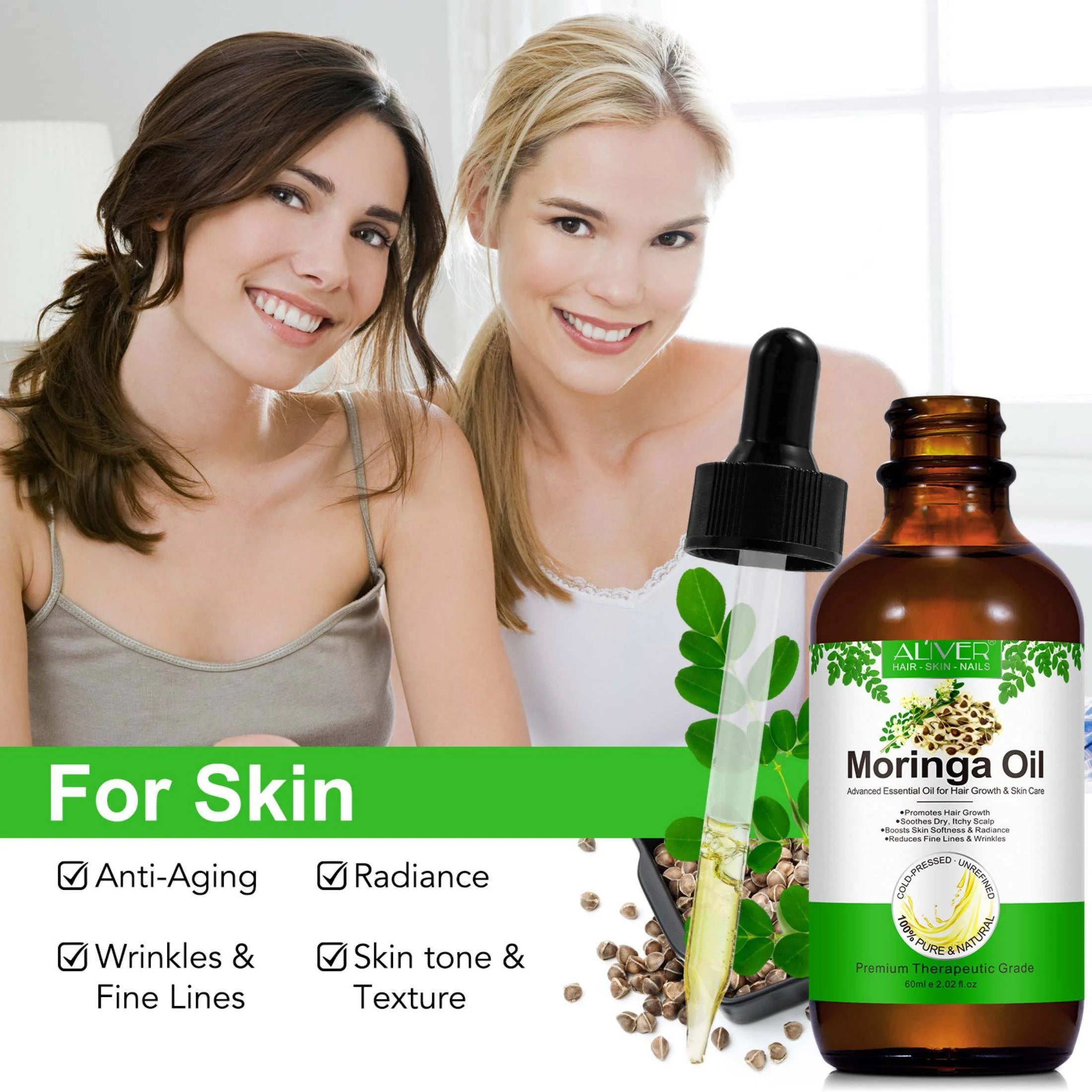 Aliver Moringa Oil 100% Pure & Natural,Reduces Breakage & Split Ends , Cold-Pressed, 2.02Fl.Oz