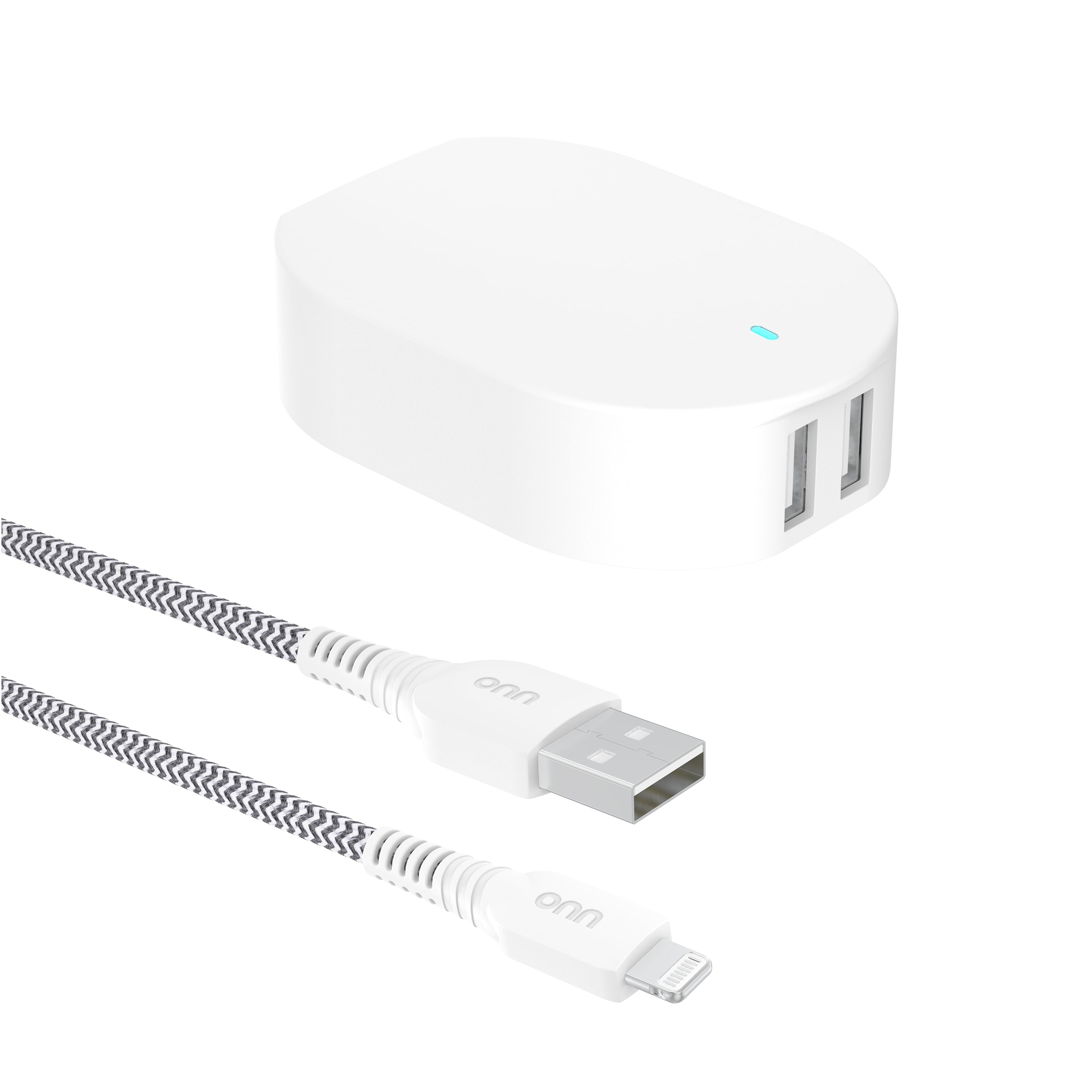 Onn 24W Dual USB-A Port Wall Charger with 3Ft USB-C to USB Cable, Foldable Plug, White - Compatible with Iphone 17/16/15 Series, Samsung Galaxy, Google Pixel, and More