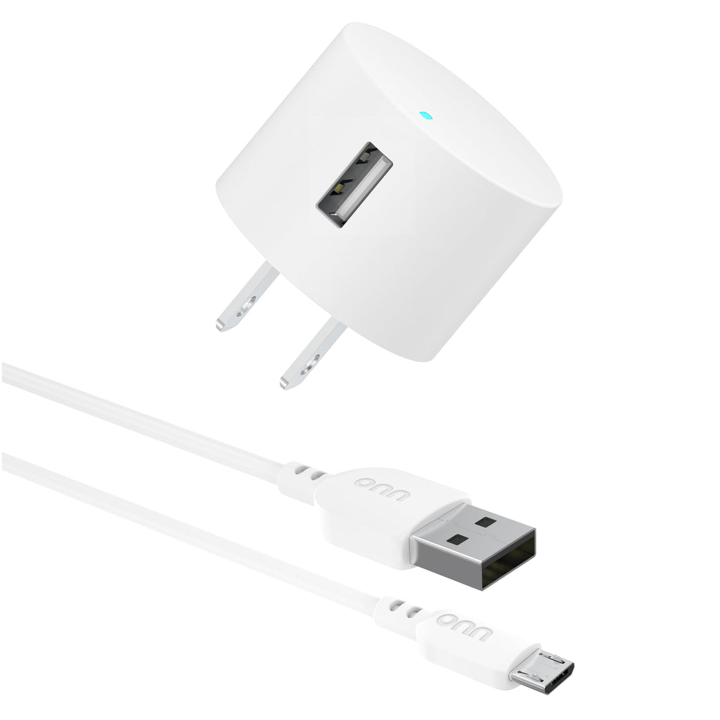 Onn 12W Single USB-A Port Wall Charger with 3Ft Micro-Usb to USB Cable, Foldable Plug, White
