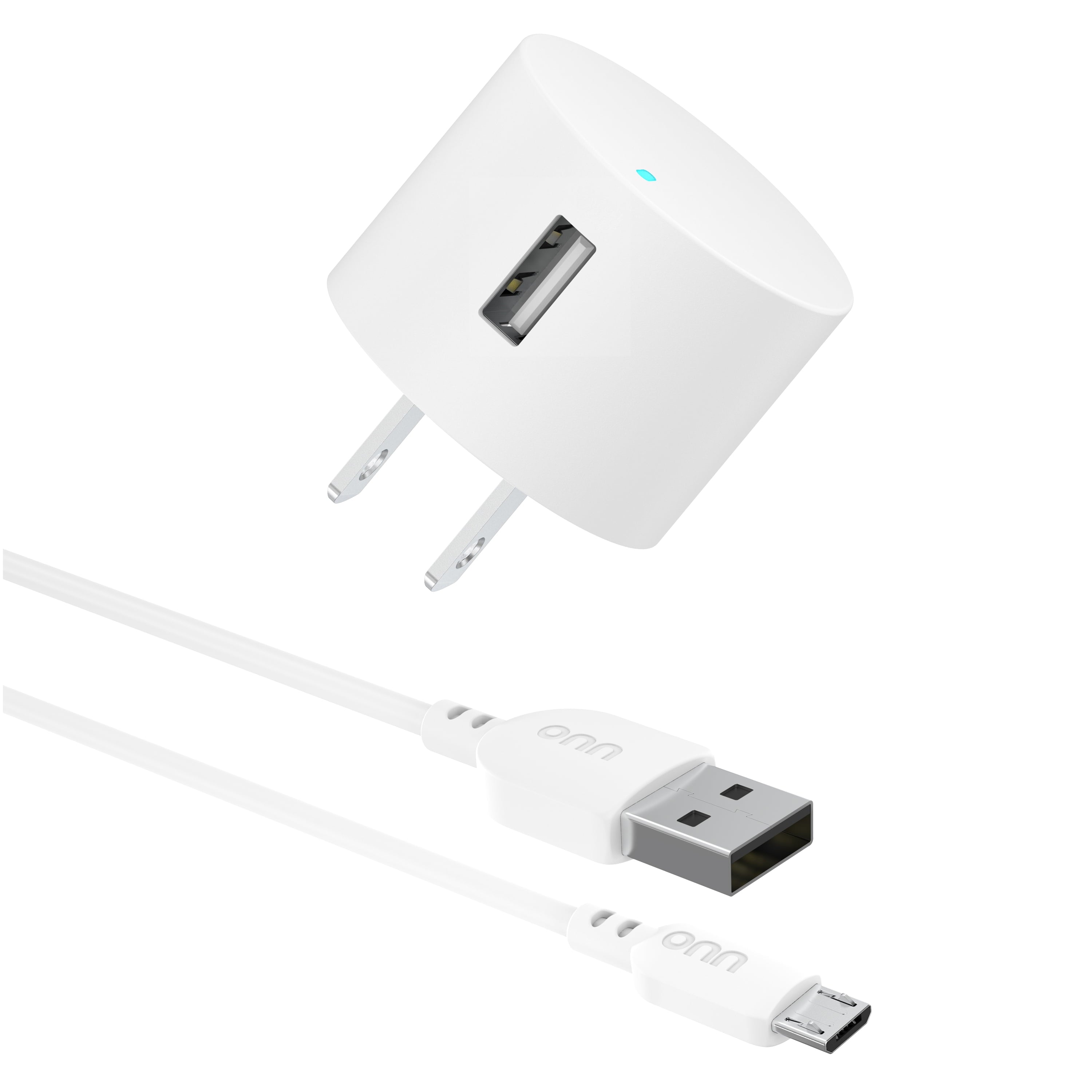 Onn 12W Single USB-A Port Wall Charger with 3Ft Micro-Usb to USB Cable, Foldable Plug, White